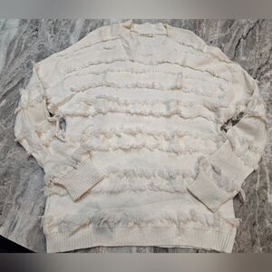AND THE WHY Cream Fringe Textured Sweater Women S/M Boutique Soft Knit Pullover